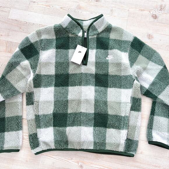 New Nike Club Fleece Winterized Sherpa Half-Zip ‎ Green Plaid M